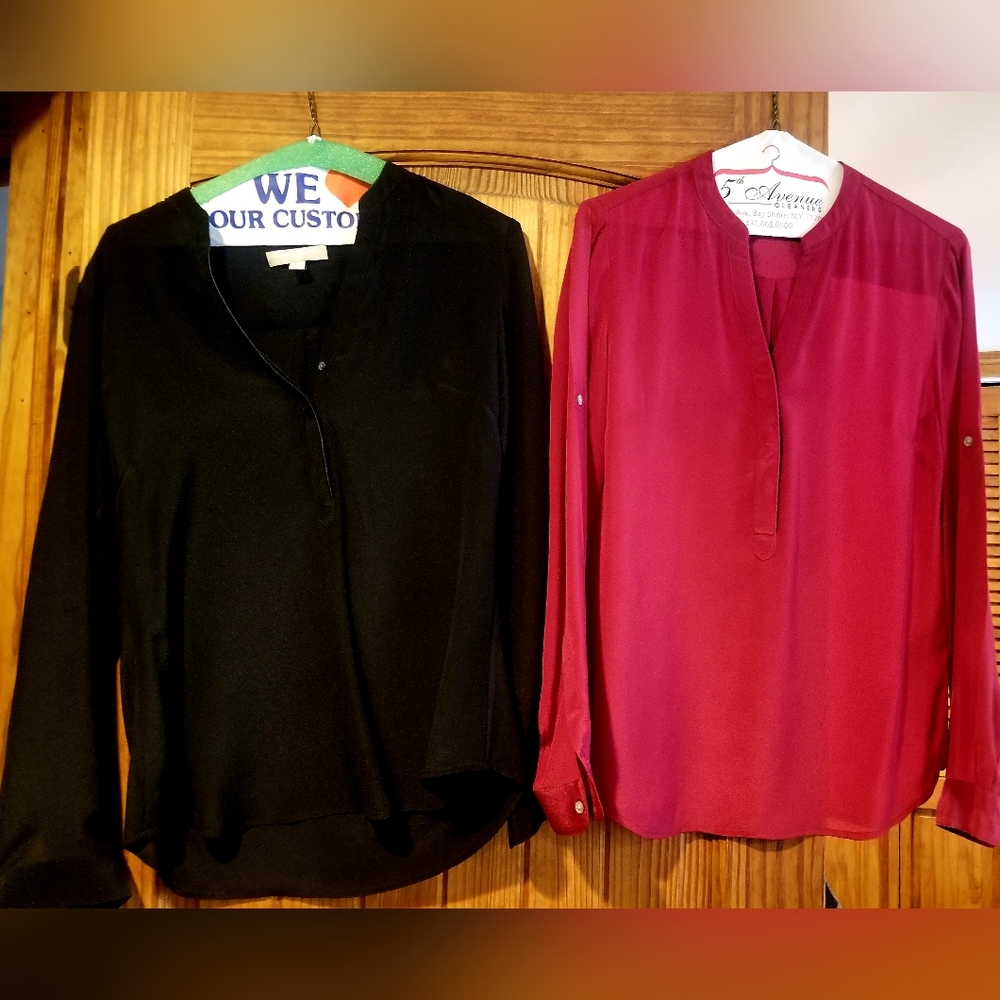 2 - Banana Republic 100% Silk Tunic Shirt / Volume-Sleeve Blouse / Red & Black